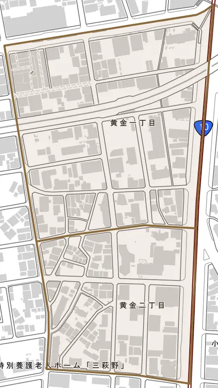 黄金とその周辺の地図。町の範囲を重ねている
