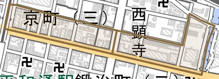 米町とその周辺の地図。町の範囲を重ねている