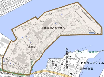 許斐町とその周辺の地図。町の範囲を重ねている
