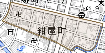 紺屋町とその周辺の地図。町の範囲を重ねている