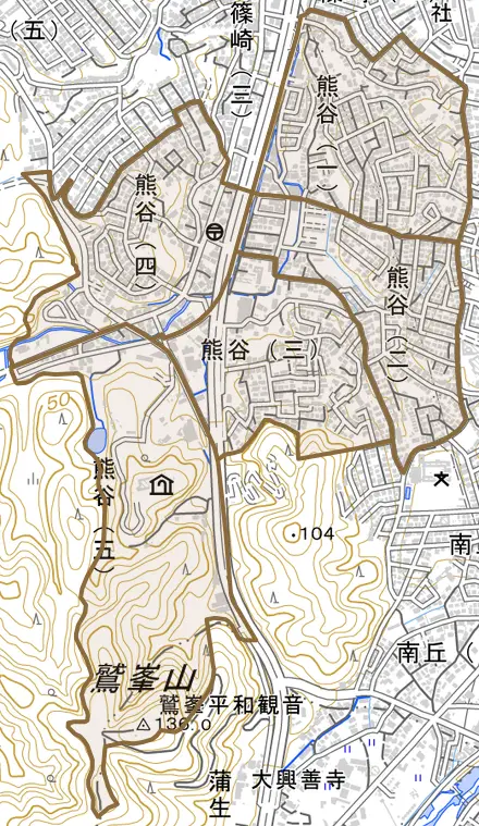熊谷とその周辺の地図。町の範囲を重ねている