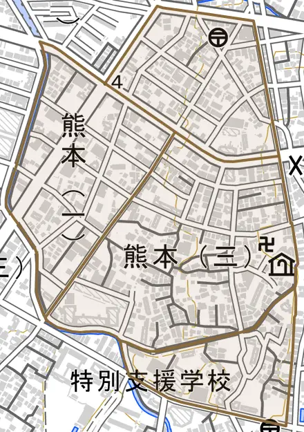 熊本とその周辺の地図。町の範囲を重ねている