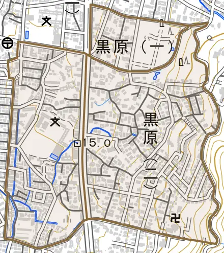 黒原とその周辺の地図。町の範囲を重ねている