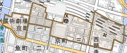 京町とその周辺の地図。町の範囲を重ねている