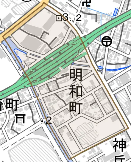 明和町とその周辺の地図。町の範囲を重ねている