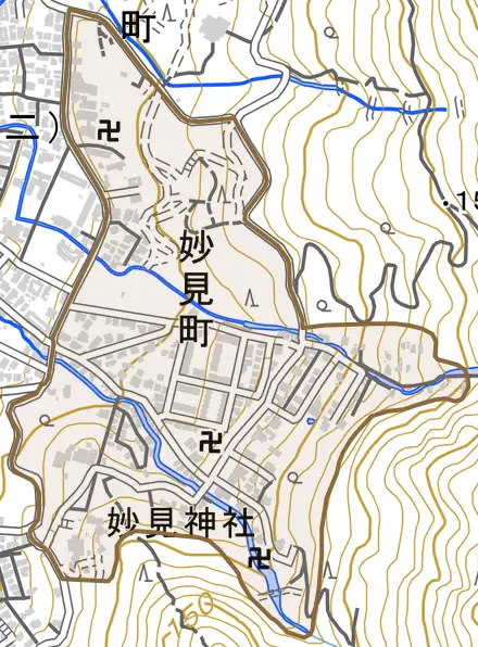 妙見町とその周辺の地図。町の範囲を重ねている