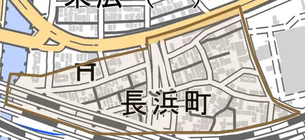 長浜町とその周辺の地図。町の範囲を重ねている