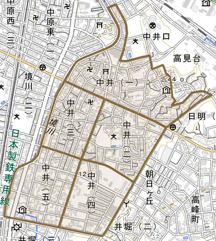 中井とその周辺の地図。町の範囲を重ねている