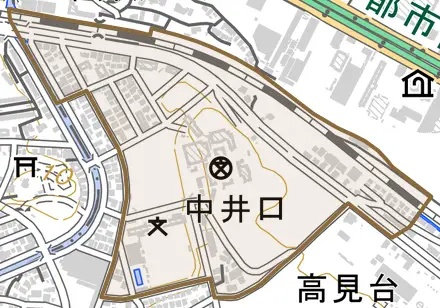 中井口とその周辺の地図。町の範囲を重ねている