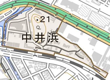 中井浜とその周辺の地図。町の範囲を重ねている