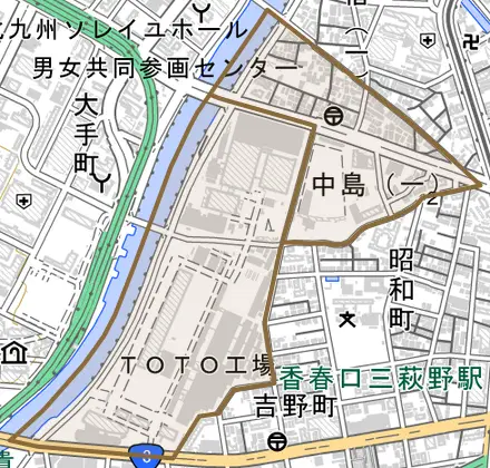 中島とその周辺の地図。町の範囲を重ねている