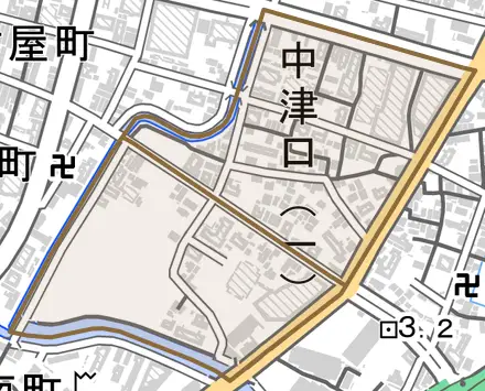 中津口とその周辺の地図。町の範囲を重ねている