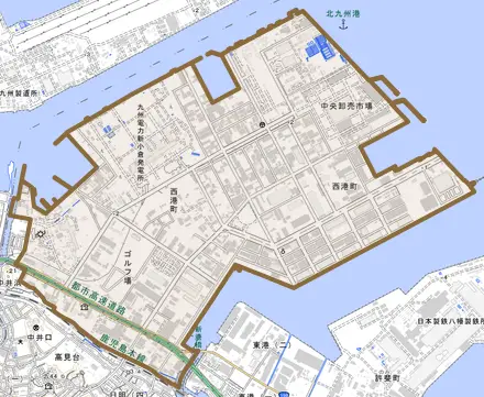 西港町とその周辺の地図。町の範囲を重ねている