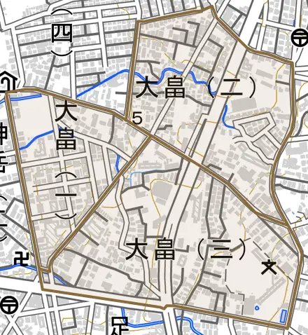 大畠とその周辺の地図。町の範囲を重ねている