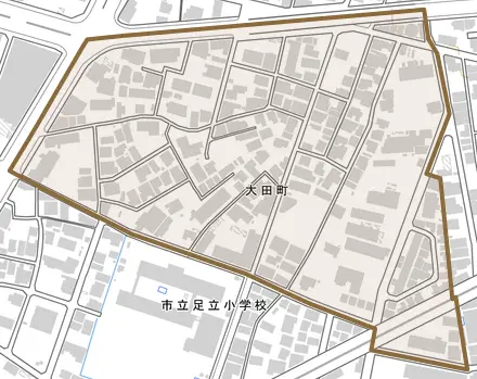 大田町とその周辺の地図。町の範囲を重ねている