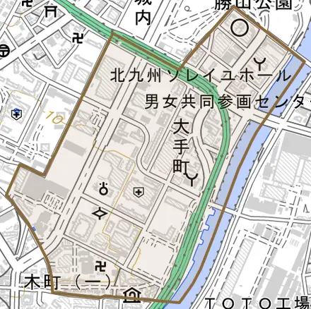 大手町とその周辺の地図。町の範囲を重ねている