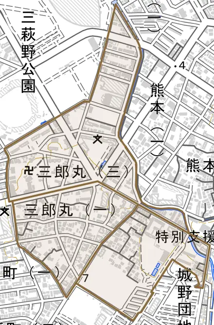 三郎丸とその周辺の地図。町の範囲を重ねている