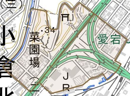 菜園場とその周辺の地図。町の範囲を重ねている