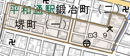 堺町とその周辺の地図。町の範囲を重ねている