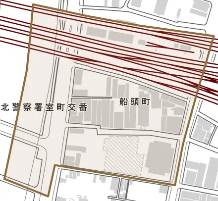 船頭町とその周辺の地図。町の範囲を重ねている