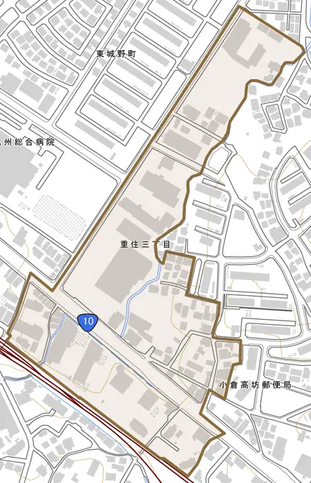 重住とその周辺の地図。町の範囲を重ねている