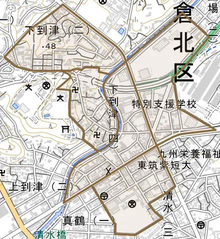 下到津とその周辺の地図。町の範囲を重ねている