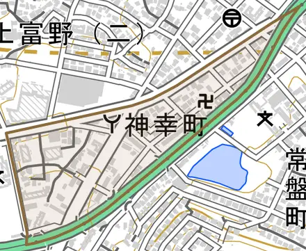神幸町とその周辺の地図。町の範囲を重ねている