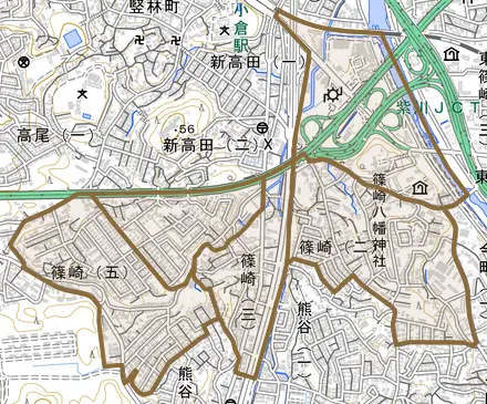 篠崎とその周辺の地図。町の範囲を重ねている