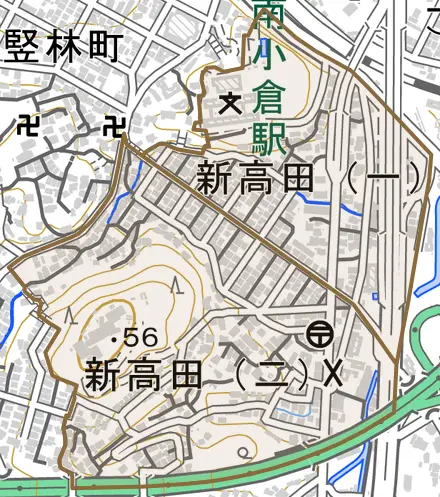 新高田とその周辺の地図。町の範囲を重ねている
