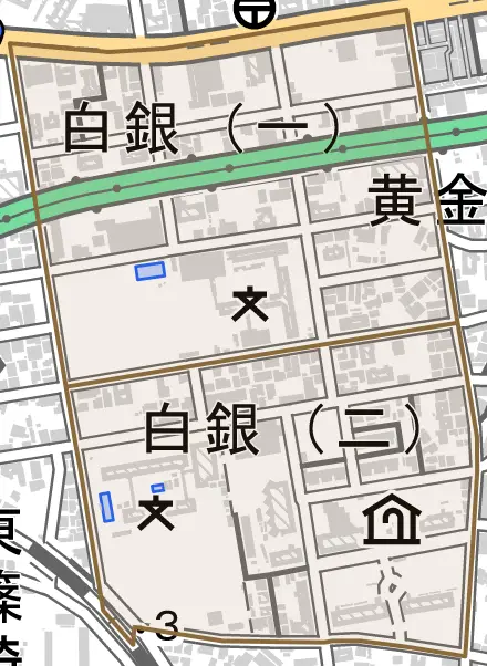 白銀とその周辺の地図。町の範囲を重ねている