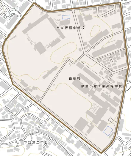 白萩町とその周辺の地図。町の範囲を重ねている