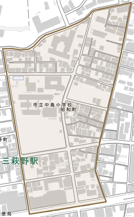 昭和町とその周辺の地図。町の範囲を重ねている