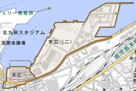 末広とその周辺の地図。町の範囲を重ねている