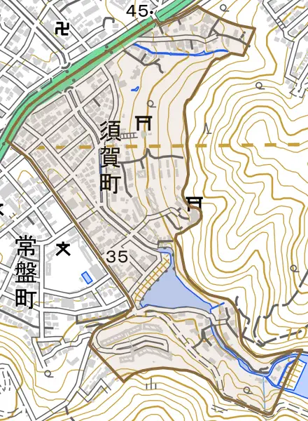 須賀町とその周辺の地図。町の範囲を重ねている