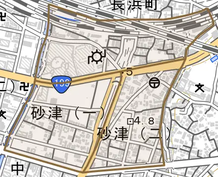 砂津とその周辺の地図。町の範囲を重ねている