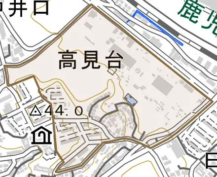 高見台とその周辺の地図。町の範囲を重ねている