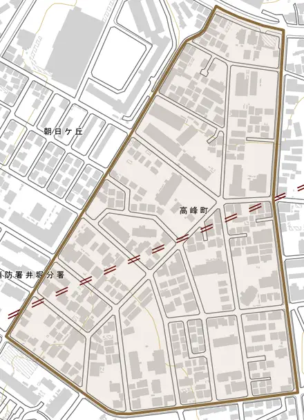 高峰町とその周辺の地図。町の範囲を重ねている