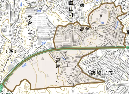 高尾とその周辺の地図。町の範囲を重ねている