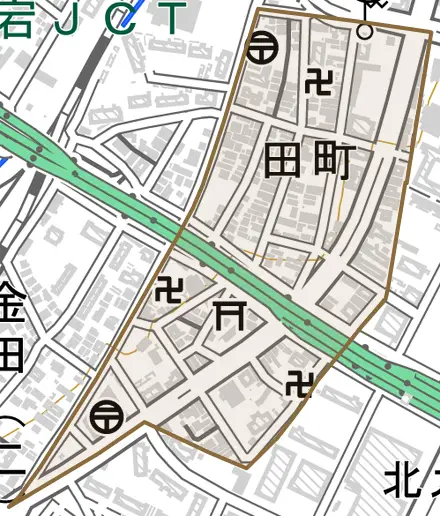 田町とその周辺の地図。町の範囲を重ねている