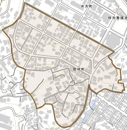 竪林町とその周辺の地図。町の範囲を重ねている