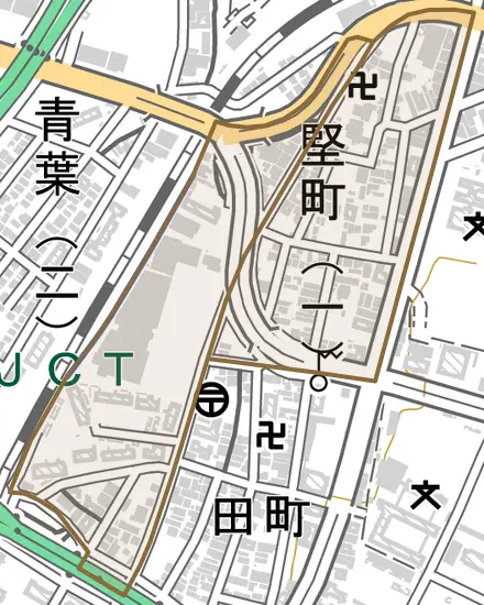 竪町とその周辺の地図。町の範囲を重ねている