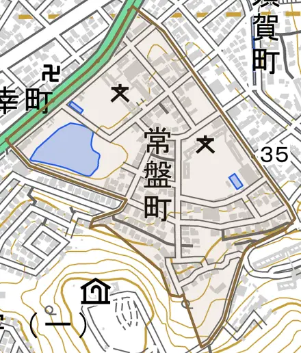 常盤町とその周辺の地図。町の範囲を重ねている