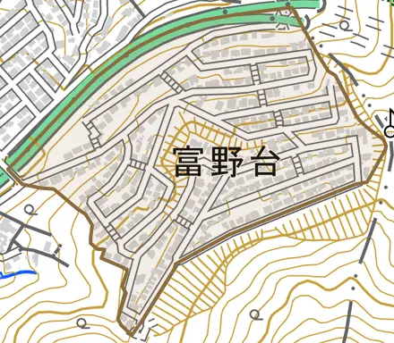 富野台とその周辺の地図。町の範囲を重ねている