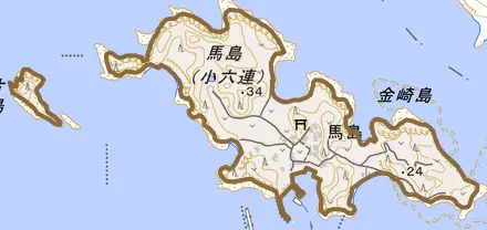 大字馬島とその周辺の地図。町の範囲を重ねている