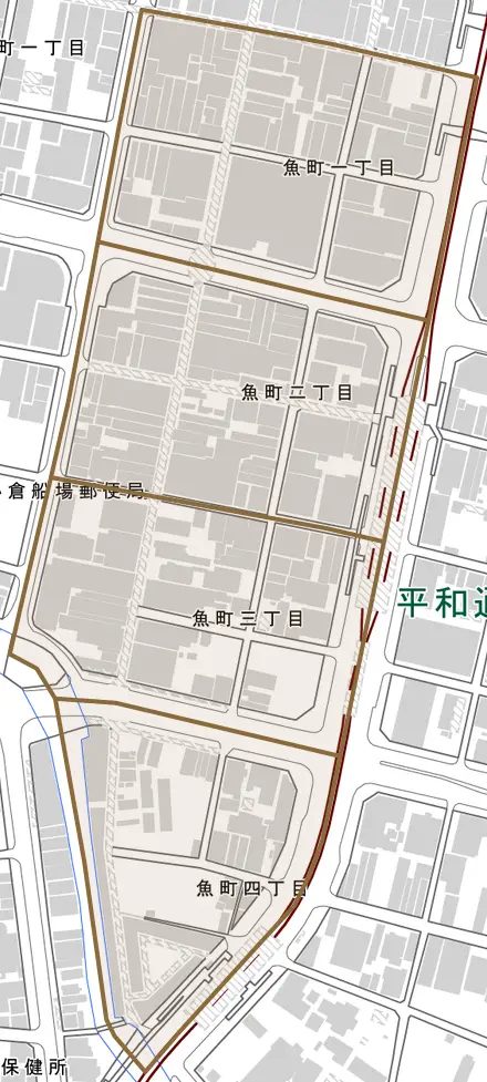 魚町とその周辺の地図。町の範囲を重ねている