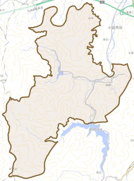 大字道原とその周辺の地図。町の範囲を重ねている