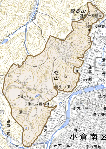 大字蒲生とその周辺の地図。町の範囲を重ねている