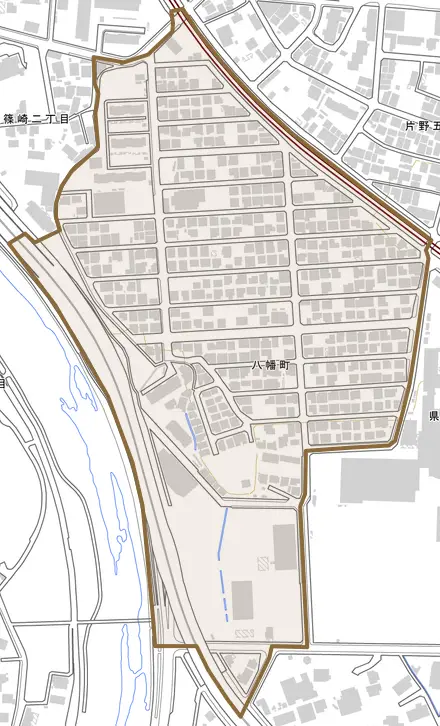 八幡町とその周辺の地図。町の範囲を重ねている