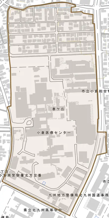 春ケ丘とその周辺の地図。町の範囲を重ねている