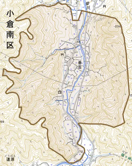大字春吉とその周辺の地図。町の範囲を重ねている